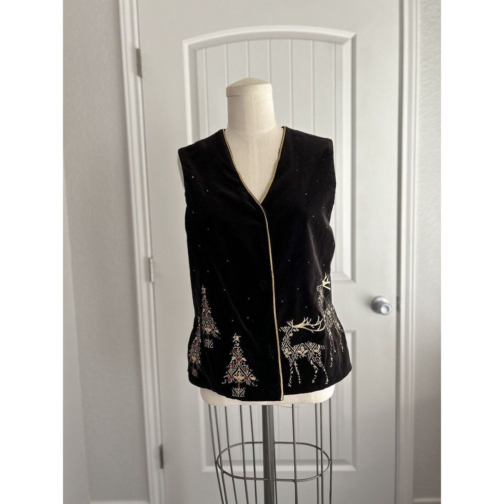 Karen Scott womens Christmas Vest black velvet with Reindeer and Trees Small‎
